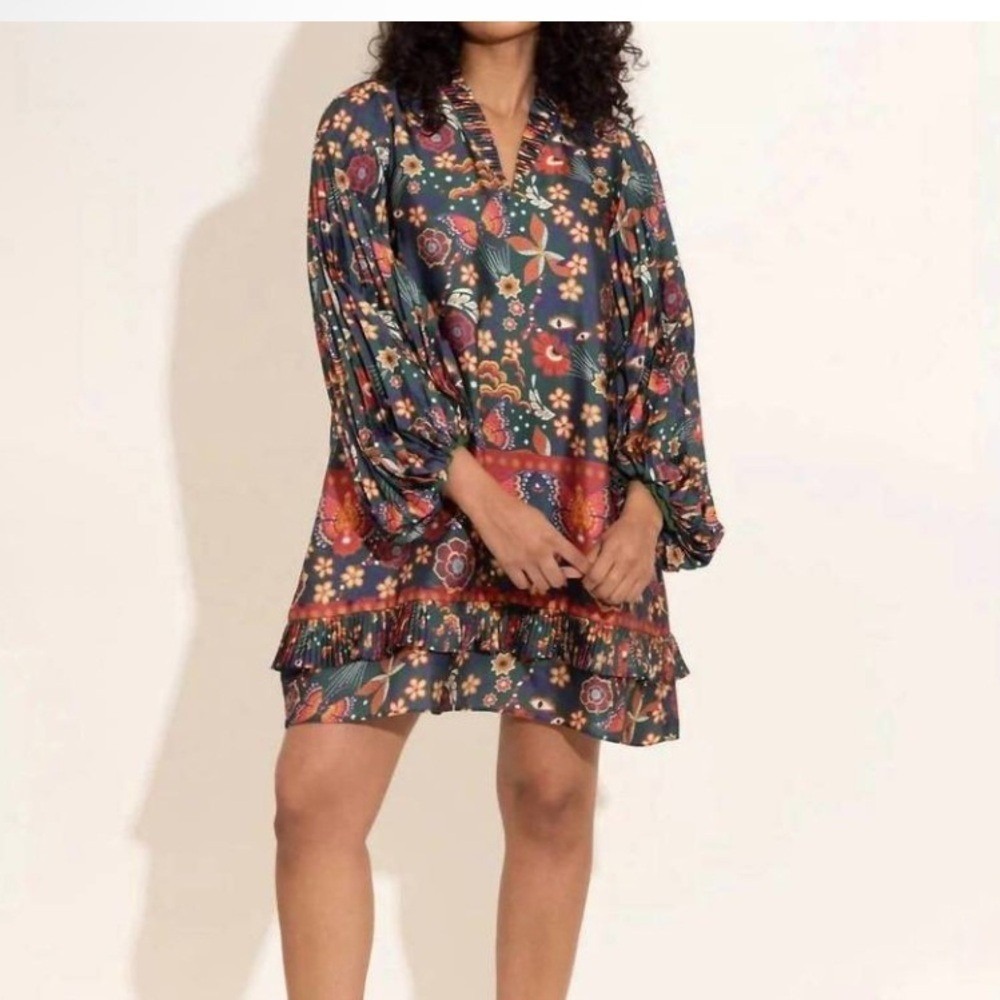 Floral Boho Shift Dress in Teal and Rust